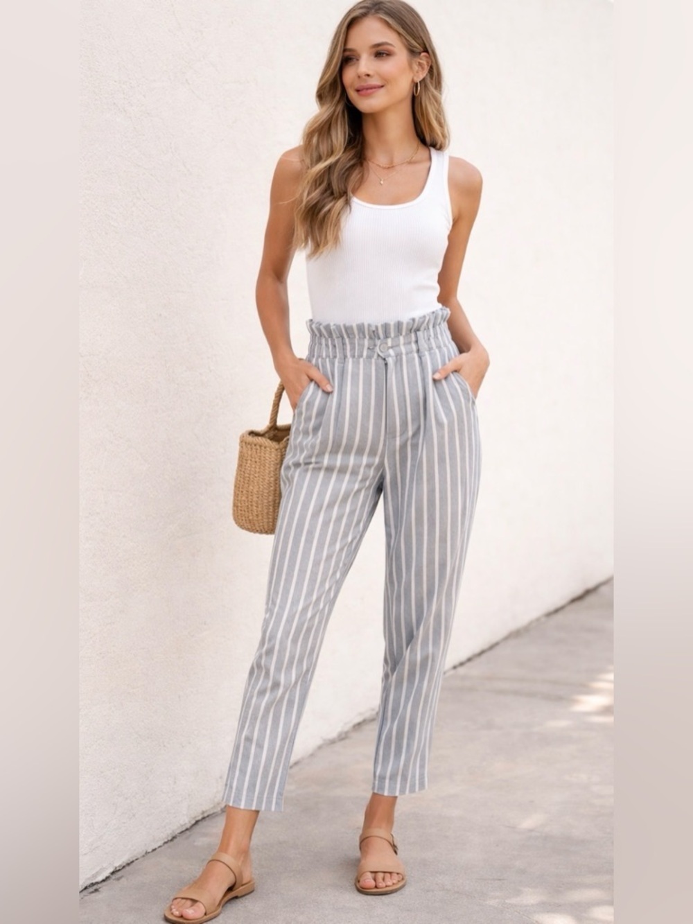 LOFT Linen Blend Paper Bag Pants Striped Light  Blue White Size M Elastic Waist